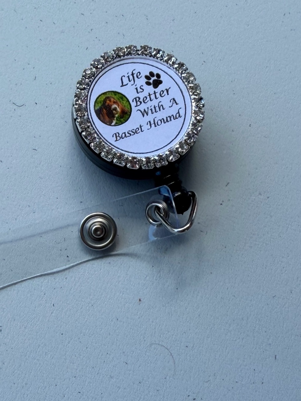 Basset Hound Retractable Badge Reel - Black with Rhinestones